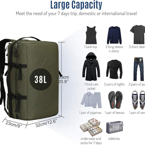 38L Travel Max Duffel Bag 20" Carry On Backpack-Duffel Hybrid Bag (Army … - Picture 2 of 8